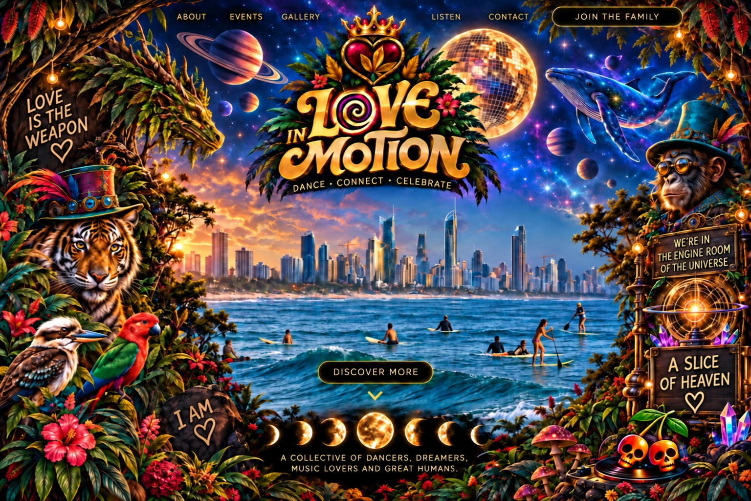 Love in Motion cosmic Gold Coast artwork with a crowned heart, mirror ball, dragon, whale, native birds and ocean skyline